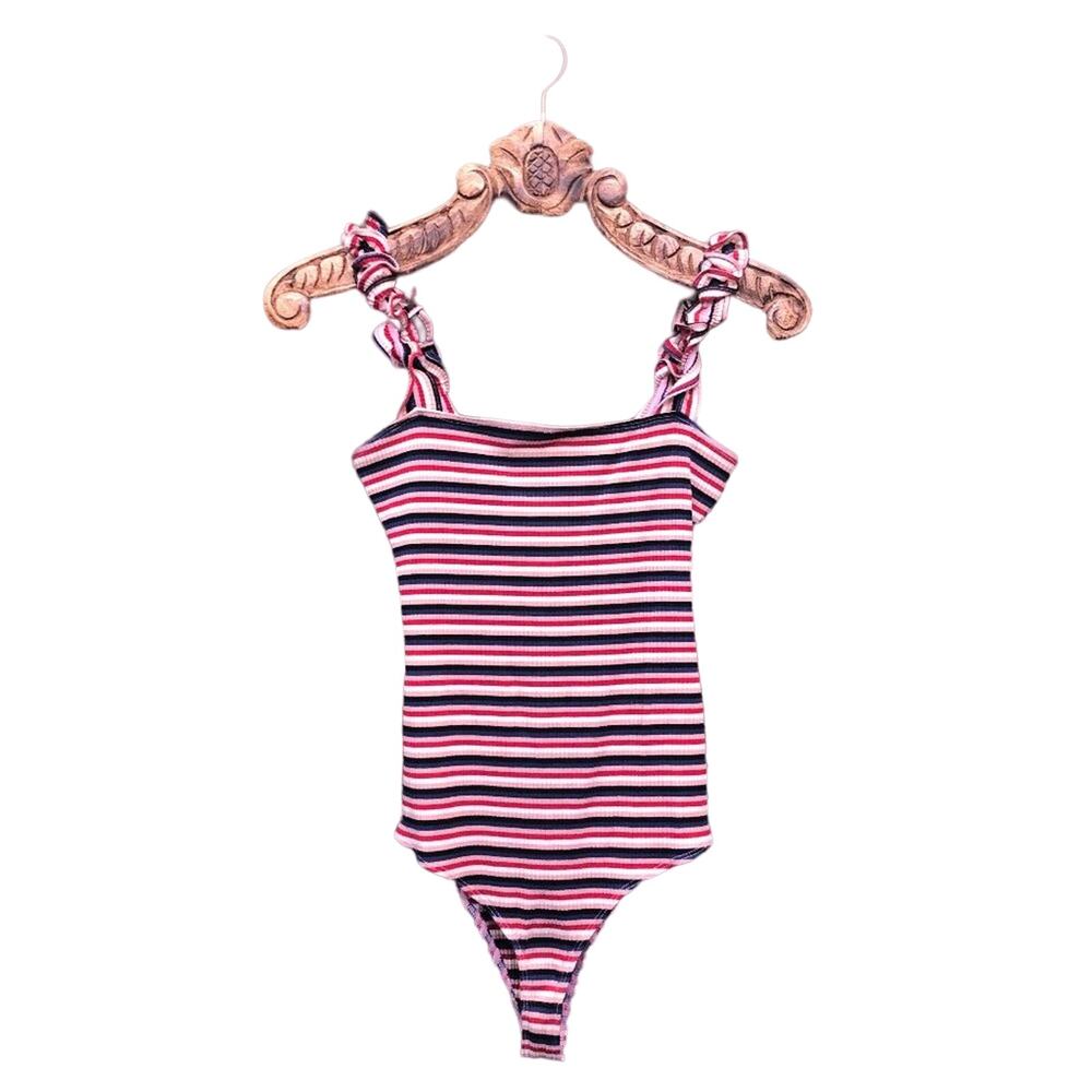 Reformation Hampton Stripe Ribbed Bodysuit Square Neckline Ruffle Straps Medium